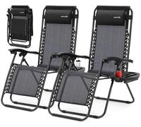 SereneLife Juego de 2 tumbonas Plegables Zero Gravity para jardín, hasta 120 kg, Color Negro, Ajustable y Resistente a la Intemperie, con Soporte para Bebidas y Almohada, para balcón, Playa, Camping