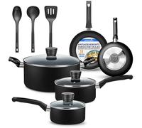 SereneLife juego de cocina de 11 piezas, Ollas y sartenes, Recubrimiento antiadherente negro en el interior, Lacado resistente al calor