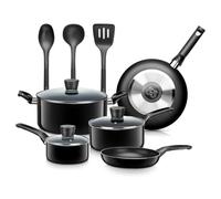 SereneLife juego de cocina de 11 piezas, Ollas y sartenes, Recubrimiento antiadherente negro en el interior, Lacado resistente al calor
