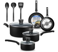 SereneLife Juego de ollas y sartenes, 11 piezas, antiadherente, incluye accesorios de cocina, para cocinas de gas, eléctricas y cerámicas, sin PFOA/PFOS, color negro