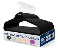 SereneLife perchas, ropa, de terciopelo, antideslizantes, finas y suaves. 100 piezas, con gancho giratorio de 360°. Color Negro