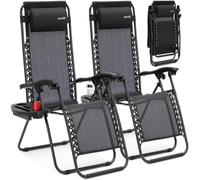 SereneLife Zero Gravity - Silla reclinable de Malla de Acero Ajustable, con Almohadas extraíbles y bandejas portavasos, mesas auxiliares, Juego de 2, Color Negro