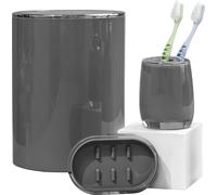 Serie de baño bremermann SAVONA - Accesorios de baño de 3 piezas: papelera cosmética, portacepillos de dientes, jabonera de plástico, gris