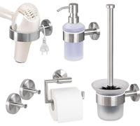 Serie de baño PIAZZA de bremermann - 5 accesorios de baño: portarrollos de papel higiénico, juego de escobilla de baño, dispensador de jabón, gancho para toallas, soporte para secador de pelo