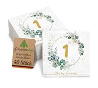 Serviettenshop 40 Servilletas de eucalipto número 1 corona - verde blanco oro - servilletas de papel motivo cumpleaños aniversario 33 x 33 cm