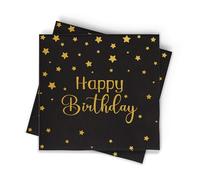 Servilletas de feliz cumpleaños, paquete de 50 servilletas desechables de 3 capas con estrellas de lámina dorada para fiestas, decoraciones de cumpleaños, adultos, niños y eventos elegantes (negro)