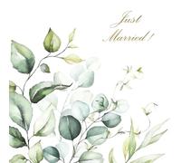 Servilletas de papel 33 x 33 cm, 3 capas, 20 unidades con diseño de eucalipto Just Married, de alta calidad y sostenibles, servilletas de boda desechables, servilletas de papel para boda, color blanco