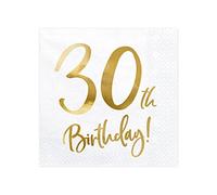 PartyDeco Servilletas de papel para cumpleaños nº30 33 x 33 cm 3 capas 20 unidades blanco y dorado