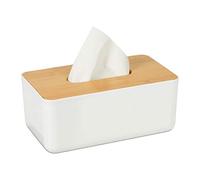 Set 10 Cajas Pañuelos, Modernas, Baño, Dormitorio, Tapa de bambú, Plástico, 10 x 23 x 13 cm, Blanco y Marrón Natural