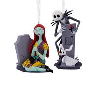 Set 2 Adornos Navidad Pesadilla Antes de Navidad Jack y Sally 7 cm, Figuras Decorativas en Resina Pintada a Mano con Cordón para Colgar, Producto Oficial Disney