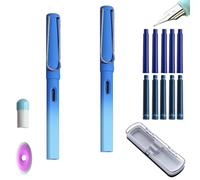 Set 2 Plumas Estilográficas Ergonómicas Estuche,Pluma estilográfica escolar,Pluma ergonómica,Pluma para zurdos y Diestros,Plumín EF Iridio,Cartuchos tinta borrable,Agarre triangular(Azul Ver,0.38mm)