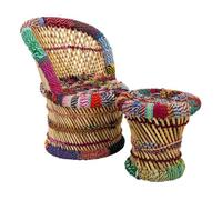 Set 2 sillón y taburete de bambú y cuerda de colores
