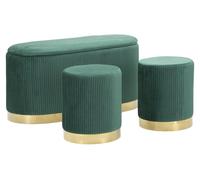 Set 3 piezas Shopy verde: banco arcón y 2 taburetes de pana con base dorada