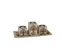 SET 3 PORTAVELAS ÁRBOL C/BANDEJA 28X13,5X10CM MARRON