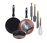 Set 3 sartenes san ignacio ø16/20/24 cm, aluminio prensado, aptas para inducción+set de 5 utensilios de cocina de silicona y madera de acacia 20 cm