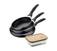Set 3 sartenes san ignacio(16,20,24cm) aluminio prensado, apto para inducción+hermético de 650ml en vidrio de borosilicato