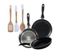 Set 3 sartenes san ignacio(16,20,24cm) aluminio prensado, apto para inducción+juego de 3 utensilios de cocina en silicona y madera