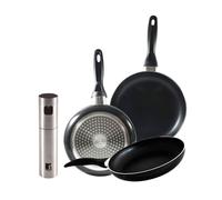 Set 3 sartenes san ignacio(16,20,24cm) aluminio prensado, apto para inducción+pulverizador de aceite y vinagre ø4x17,5cm en acero inoxidable