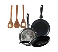 Set 3 sartenes san ignacio(16,20,24cm) aluminio prensado, apto para inducción+set 3pc utensilios cocina madera acacia