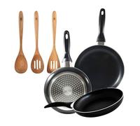 Set 3 sartenes San Ignacio(16,20,24cm) aluminio prensado, apto para inducción+Set 3pcs utensilios de cocina acacia