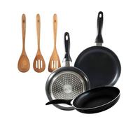 Set 3 sartenes San Ignacio(16,20,24cm) aluminio prensado, apto para inducción+Set 3pcs utensilios de cocina acacia