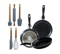 Set 3 sartenes san ignacio(16,20,24cm) aluminio prensado, apto para inducción+set de 5 utensilios de cocina de silicona y madera de acacia