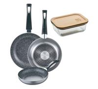 Set 3 sartenes san ignacio (16+20+24cm) aluminio prensado ind negra+hermético de 650ml en vidrio de borosilicato