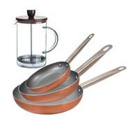 Set 3 sartenes san ignacio (18,22,26cm) aluminio prensado, aptas para inducción+cafetera de émbolo de vidrio borosilicato 15,8x10x18,8cm 12 cm
