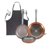 Set 3 sartenes san ignacio (18,22,26cm) aluminio prensado, aptas para inducción+delantal de cocina gris oscuro 100% algodón 75x80cm
