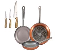 Set 3 sartenes San Ignacio (18,22,26cm) aluminio prensado, aptas para inducción+Delantal de Cocina Gris oscuro 100% Algodón 75x80cm Pans + knife. Maple