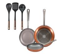 Set 3 sartenes san ignacio (18,22,26cm) aluminio prensado, aptas para inducción+ set de 3 utensilios de cocina de pbt negro y cobre