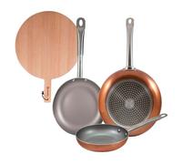 Set 3 sartenes san ignacio (18,22,26cm) aluminio prensado, aptas para inducción+tabla de corte redonda de 38x28x1,5cm en madera de haya