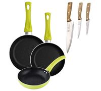 Set 3 sartenes San Ignacio (20+24+28cm) aluminio prensado verde+Delantal de Cocina Gris oscuro 100% Algodón 75x80cm Pans + knife. Maple