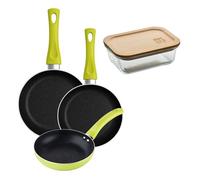 Set 3 sartenes san ignacio (20+24+28cm) aluminio prensado verde+hermético de 650ml en vidrio de borosilicato