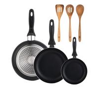 Set 3 sartenes Wellhome 16/20/24 aluminio prensado+Set 3pcs utensilios de cocina acacia