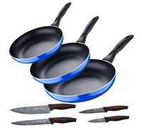 Set 3pc sarten (16+20+24cm) aluminio prensado, inducción, azul navy paradise con Set 3pc utensilios de cocina silicona madera Navy+4Cuch
