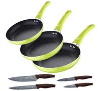 Set 3pc sarten (16+20+24cm) aluminio prensado, inducción, azul navy paradise con Set 3pc utensilios de cocina silicona madera Verde+4Cch