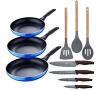 Set 3pc sarten (16+20+24cm) aluminio prensado, inducción, azul navy paradise con Set 3pc utensilios de cocina silicona madera Navy+Sil+4