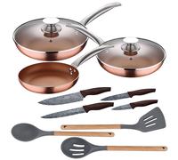 Set 3pc sarten (16+20+24cm) aluminio prensado, inducción, azul navy paradise con Set 3pc utensilios de cocina silicona madera 5P+Sil+4C