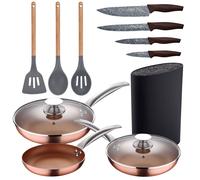 Set 3pc sarten (16+20+24cm) aluminio prensado, inducción, azul navy paradise con Set 3pc utensilios de cocina silicona madera 5P+Sil+Tac
