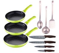 Set 3pc sarten (16+20+24cm) aluminio prensado, inducción, azul navy paradise con Set 3pc utensilios de cocina silicona madera VerdeAce+4