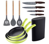 Set 3pc sarten (16+20+24cm) aluminio prensado, inducción, azul navy paradise con Set 3pc utensilios de cocina silicona madera VerdeSilT