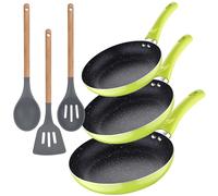 Set 3pc sarten (16+20+24cm) aluminio prensado, inducción, azul navy paradise con Set 3pc utensilios de cocina silicona madera Verde+Sil28