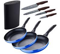 Set 3pc sarten (16+20+24cm) aluminio prensado, inducción, azul navy paradise con Set 3pc utensilios de cocina silicona madera Navy+4CTac
