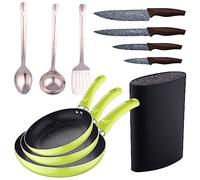 Set 3pc sarten (20+24+28cm) aluminio prensado verde con Set 3 pc utensilios cocina acero inoxidable con Set 4pc cuchillos acero inoxidable con Tacoma