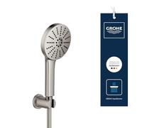 Set Alcachofa de Ducha y Soporte Pared GROHE Vitalio Joy+ 120 (Ø120mm, 3 chorros, ahorro 6,3 l/min, antiquemaduras, manguera de ducha 1,5m), Supersteel, 134865DC00