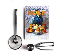 Set Arancini o Arancine, incluye libro Postales de mi Sicilia, un porcionador de helado de acero inoxidable, una pinza para fritos con espumador de punto