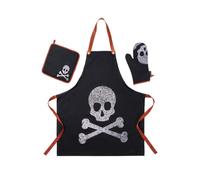 Set cocina 3 piezas 100% algodón 190gsm - delantal ajustable con bolsillo + manopla + agarrador - con estampado calavera color negro scalpers home