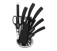 Set Couteau Cuisine Professionnel - Couteaux Tranchant en Acier Inoxydable - Support en Acrylique - Poignée ergonomique - Set de couteaux avec support 8 pièces - Noir - Herzberg HGMSN8-BLK