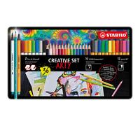 Set creativo STABILO CREATIVE SET ARTY - Estuche de metal con 12 rotuladores punta fina STABILO point 88, 8 rotuladores premium con punta de pincel STABILO Pen 68 brush y 16 lápices de color acuarelab